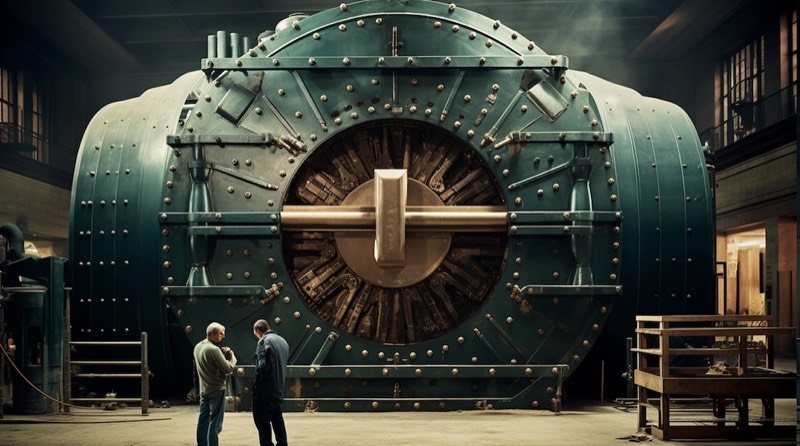 Two men standing in front of a giant vault door