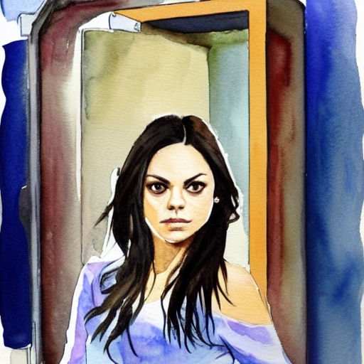 mila kunis standing in front of a bank vault, watercolor painting - stable diffusion