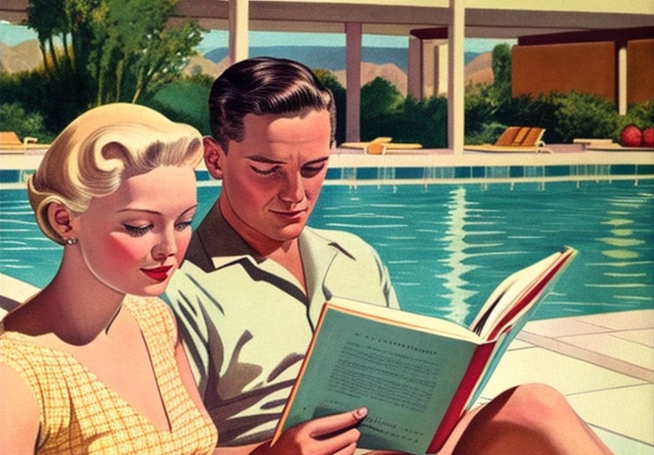 1950&rsquo;s man and woman sitting back to back both reading large books outside by swimming pool - midjourney