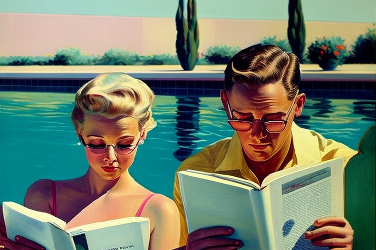 1950&rsquo;s man and woman sitting back to back both reading large books outside by swimming pool - midjourney
