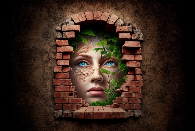 drawing of a nymph who is looking through a hole in a brick wall to a beautiful garden - MidJourney