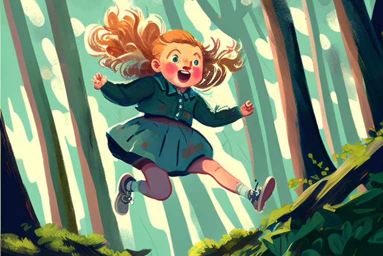 giant girl leaping for joy in the forest children&rsquo;s book - midjourney