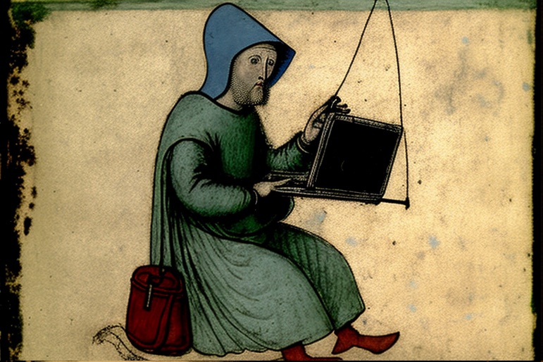 medieval manuscript drawing of a peasant holding a MacBook - midjourney