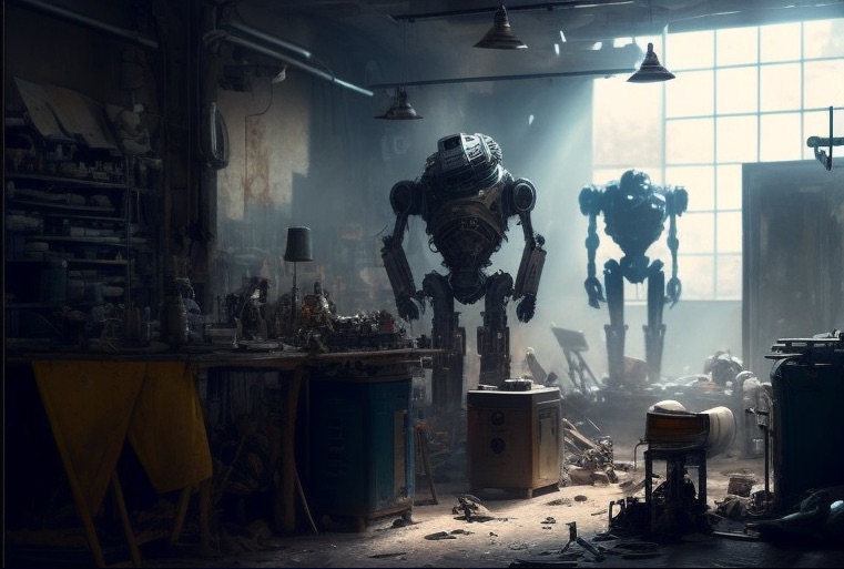 robot repair shop wth several humanoid robots in state of disrepair, cinematic lighting, dust in the air - midjourney