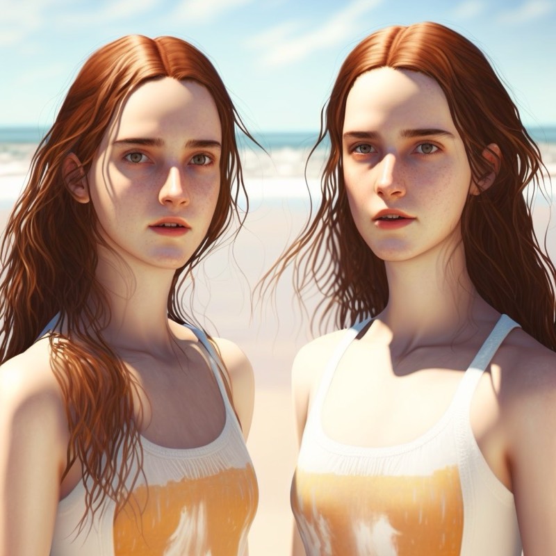 young women identical twins enjoying the beach unreal engine - midjourney