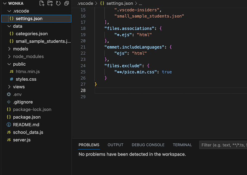 Screenshot of VS Code showing settings.json and zero problems in the problems tab.