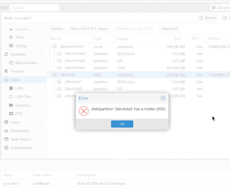 Error: disk/partition &lsquo;/dev/sda3&rsquo; has a holder (500)