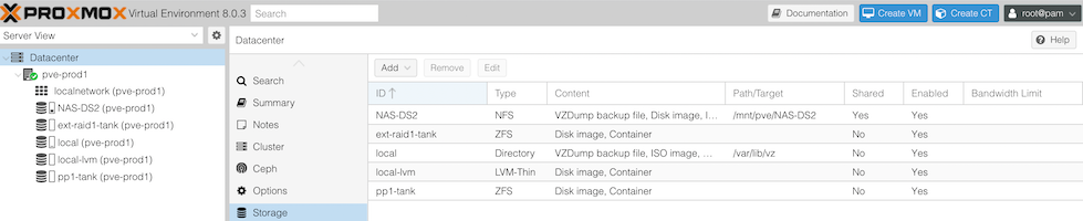 Screenshot of Proxmox GUI showing 5 storage options