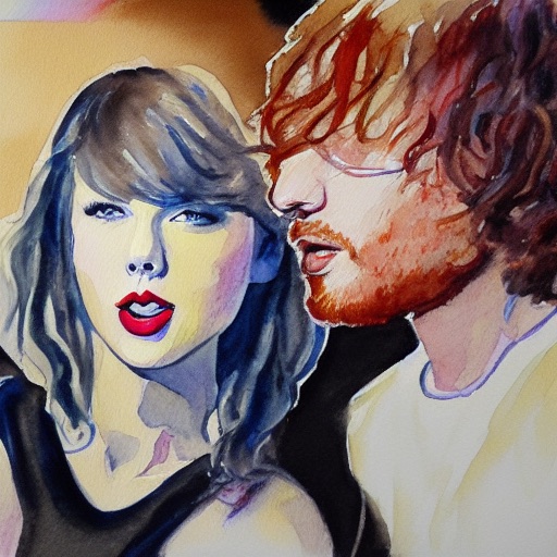 adel and taylor swift with ed sheeran, watercolor painting - stable diffusion