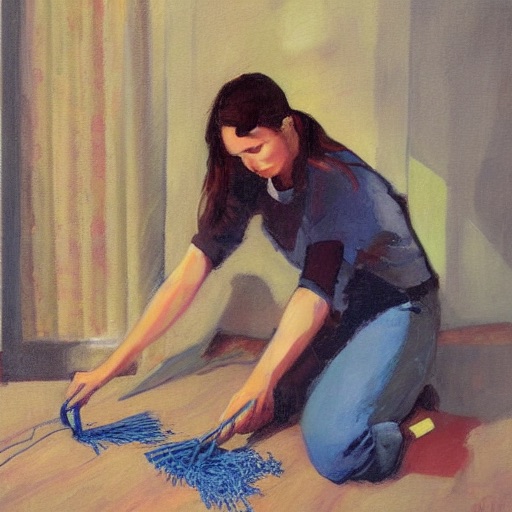 young woman cutting string, painting by - StableDiffusion