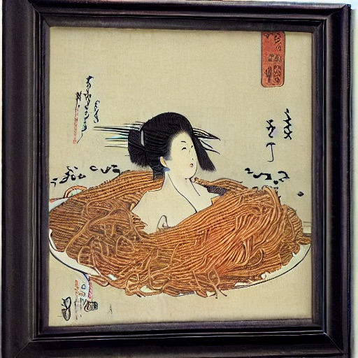 young woman swimming in spaghetti, by Hokusai  - Stable Diffusion